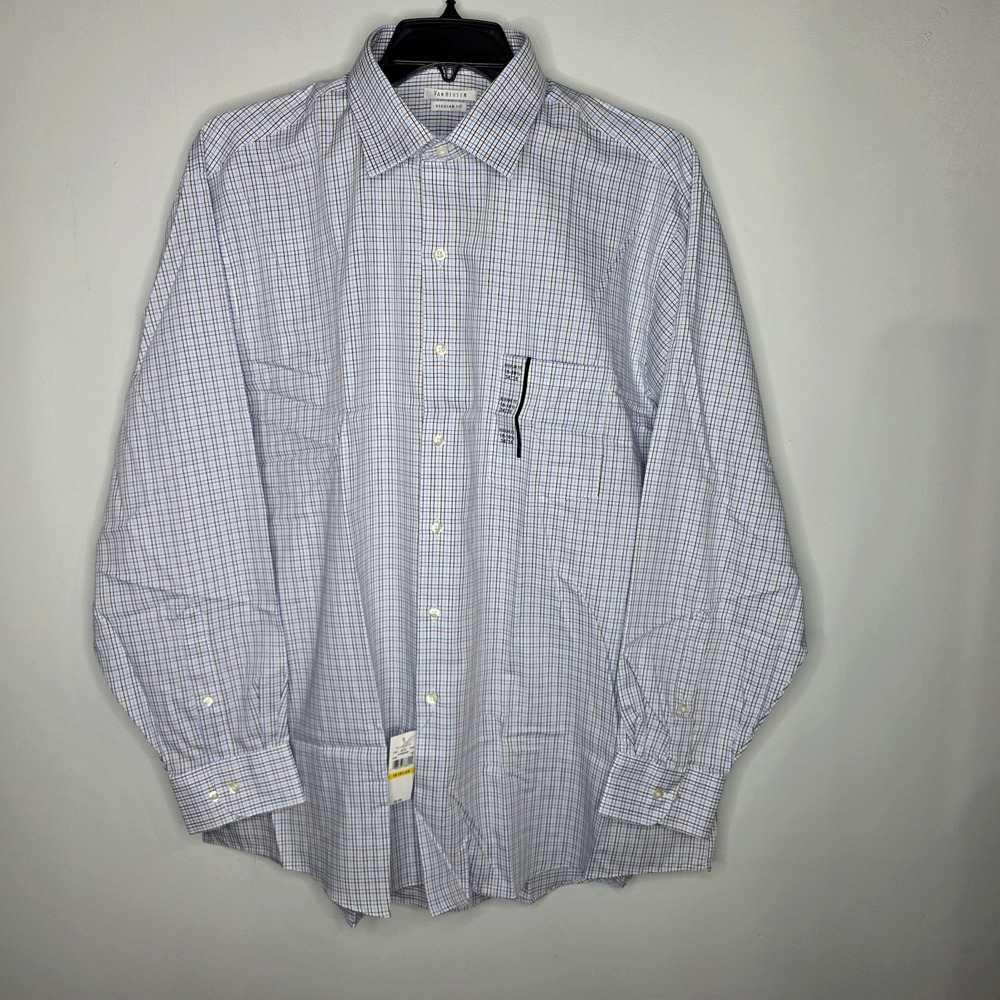 Van Heusen Mens Dress Shirt White Blue Brown Check 18 -18.5 34/35 Wrinkle Free